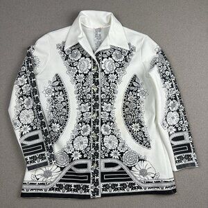 Vtg 70s Art Deco Floral Print Shirt Psychedelic Blouse Long Sleeve Top White Blk